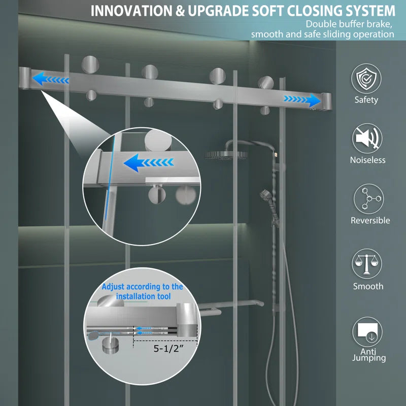 60" W x 79" H Frameless Double Sliding Door Shower Door With Closing System