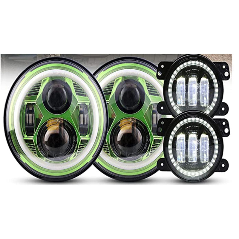 7-inch Spider Headlights Green With Halo - 4-inch Fog Lights Black - With Halo - 4pcs In Set