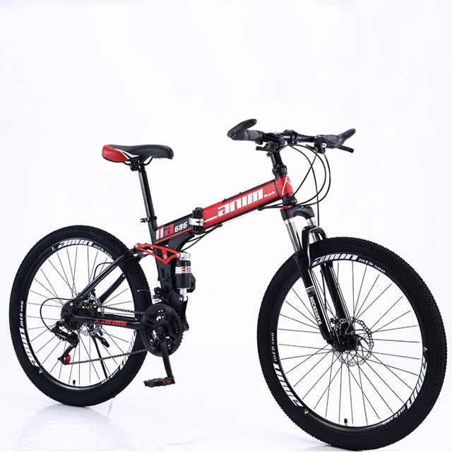 Red 26 Full Suspension Folding Mountain Bike 21 Speed Foldable Frame B RigMore In Stock