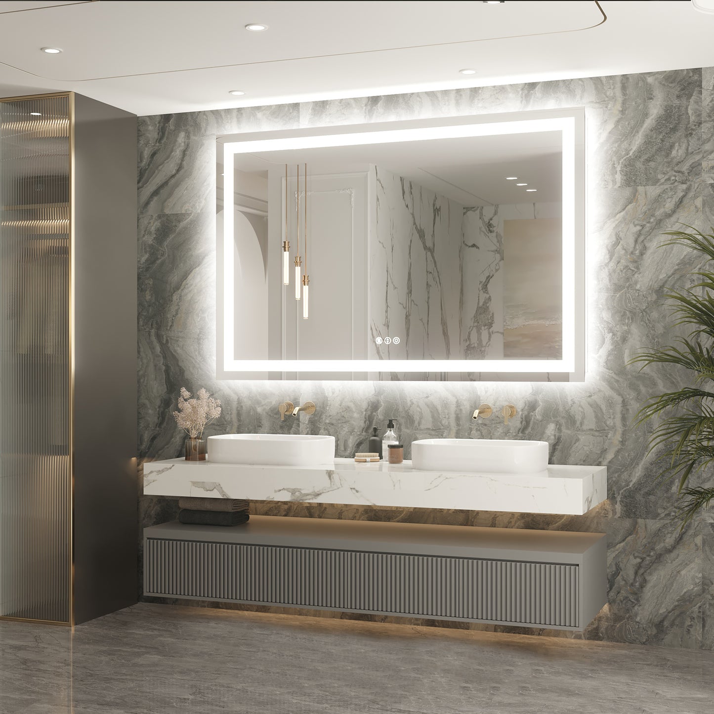 60" x 40"Tempered Glass Frameless LED Bathroom Mirror with Front and Backlight, Stepless Dimmable Wall Mirrors with Anti-Fog, 3 Colors, LED Vanity Mirror(Horizontal/Vertical)