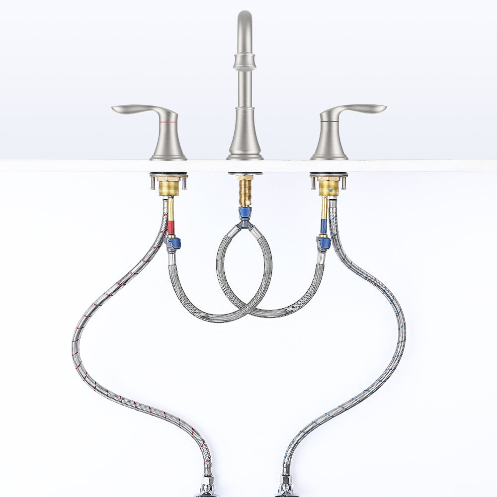 3007B-NP | 2-Handle 8 inch Widespread Bathroom Sink Faucet Brushed Nickel Lavatory Faucet 3 Hole 360° Swivel Spout Vanity Sink Basin Faucets with Pop Up Drain Assembly and cUPC Water Supply Hoses