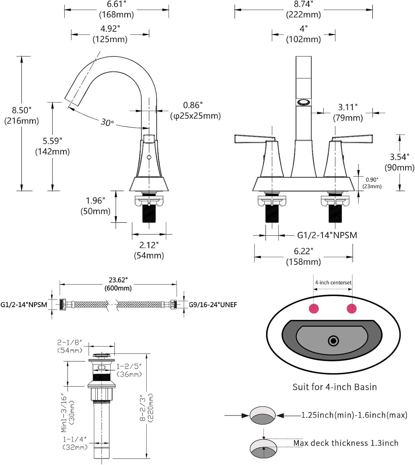 4072-NP | Bathroom Sink Faucet Brushed Nickel 2-Handle 4 Inch Center-Set Bathroom Sink Faucet, Sink Drain with Overflow Hole and 2 Supply Lines Included, Modern Vanity Basin Faucet