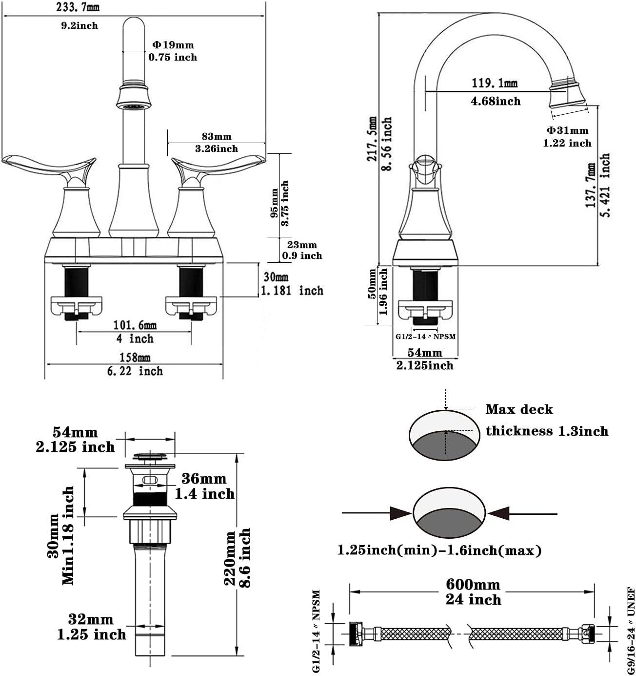 4009B-MB | Bathroom Faucet Matt Black with Pop-up Drain & Supply Hoses 2-Handle 360 Degree High Arc Swivel Spout Centerset 6 Inch Vanity Sink Faucet