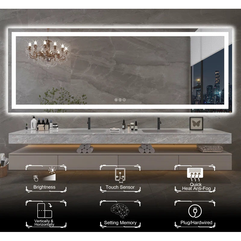 84" X 32" Tempered Glass Frameless LED Bathroom Mirror with Front and Backlight, Stepless Dimmable Wall Mirrors with Anti-Fog, 3 Colors, LED Vanity Mirror(Horizontal/Vertical)