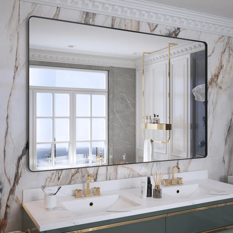 60" x 40"(Black) Filleted Corner Wall Mounted Mirror, Bathroom Mirror, Vanity Wall Mirror With Metal Frame