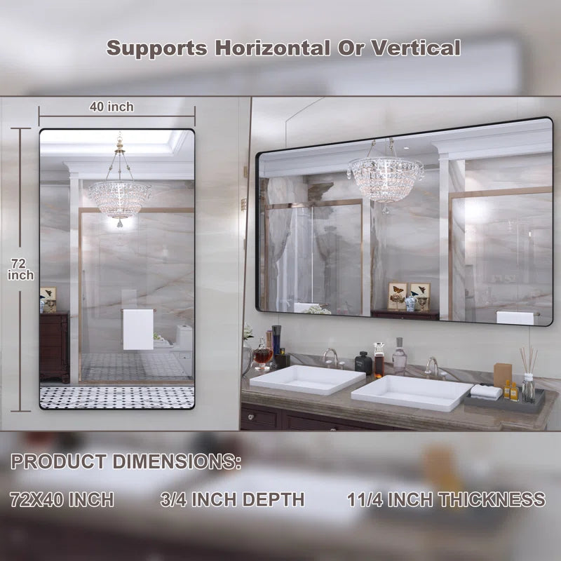 72" x 40" (Black) Filleted Corner Wall Mounted Mirror, Bathroom Mirror, Vanity Wall Mirror With Metal Frame