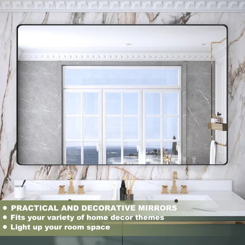 40" x 24"(Black)Filleted Corner Wall Mounted Mirror, Bathroom Mirror, Vanity Wall Mirror With Metal Frame