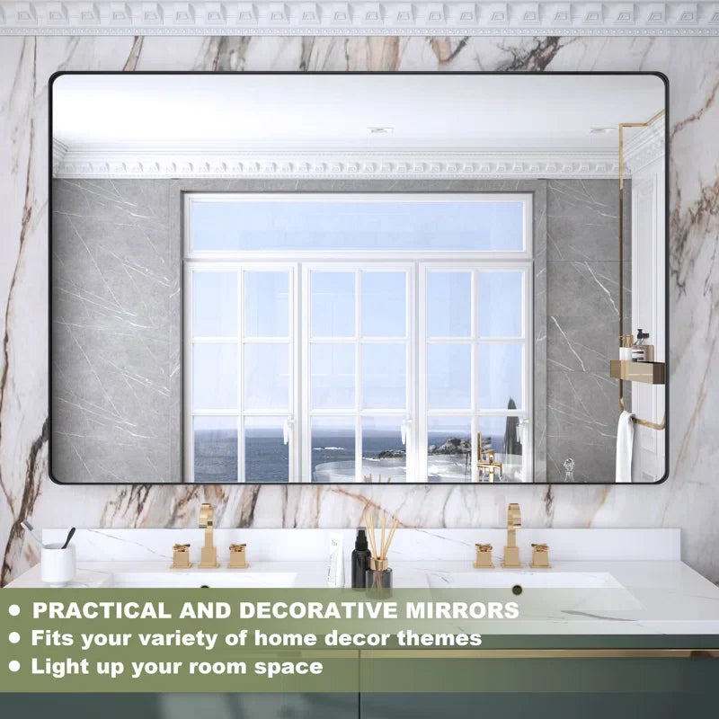 48" x 36"(Black)Filleted Corner Wall Mounted Mirror, Bathroom Mirror, Vanity Wall Mirror With Metal Frame