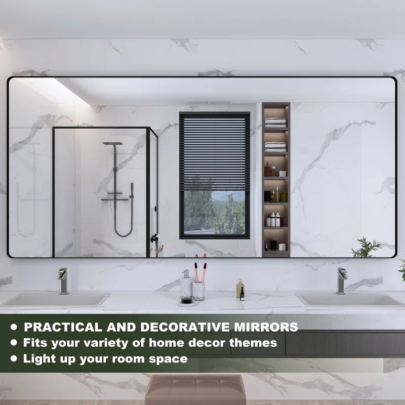 77" x 36"(Black)Filleted Corner Wall Mounted Mirror, Bathroom Mirror, Vanity Wall Mirror With Metal Frame