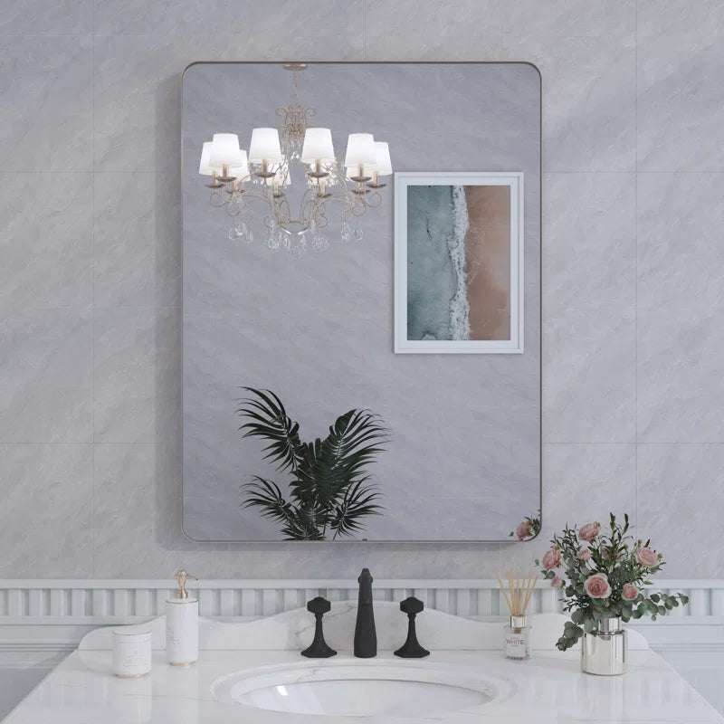 24" x 32" (Silver) Filleted Corner Wall Mounted Mirror, Bathroom Mirror, Vanity Wall Mirror With Metal Frame