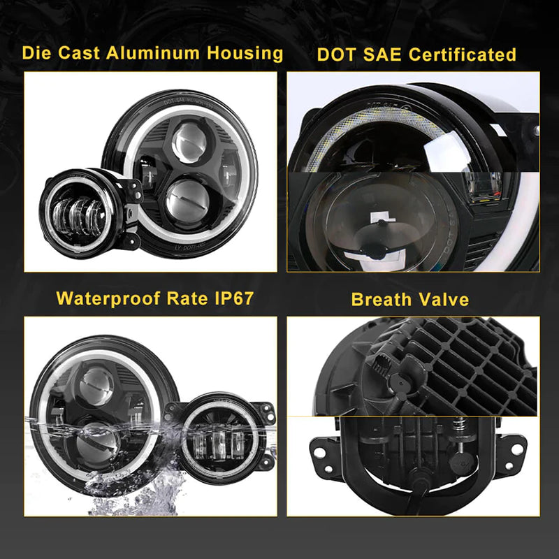 7" Spider Headlights - Blue with halo - 4" Fog Lights Black - with halo - - 4PCS in set