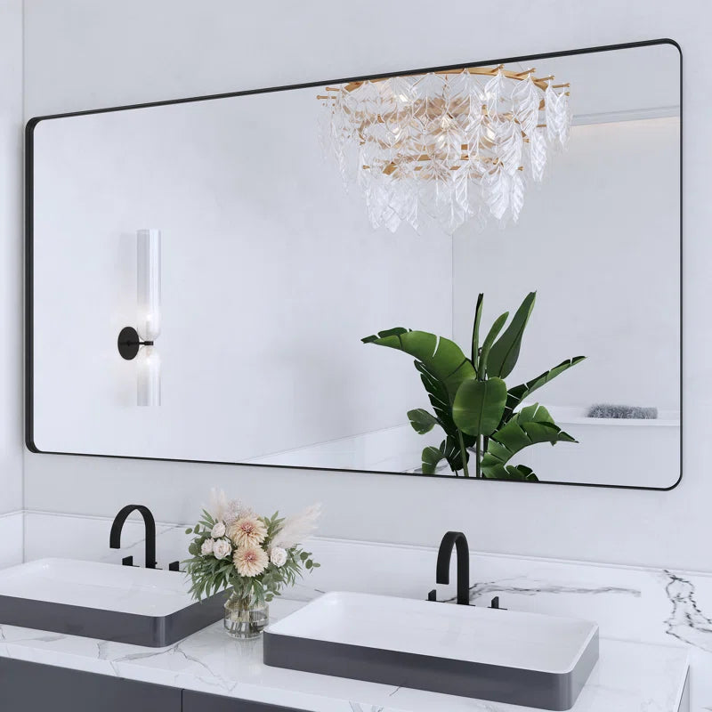 32" X 72" (Black) Filleted Corner Wall Mounted Mirror, Bathroom Mirror, Vanity Wall Mirror With Aluminum Frame