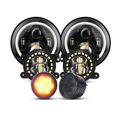 7-inch spider headlights - black with aperture - 4-inch clock fog lights - black mesh lights - set of six