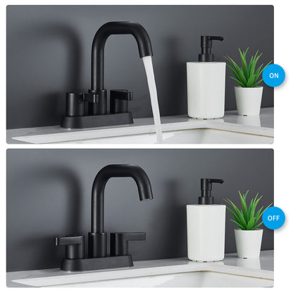 PK013-YH-US |  Bathroom Faucet 2 Handle 4 Inch Centerset Bathroom Sink Faucets 3 Hole with Pop Up Drain and Water Supply Lines, Matte Black