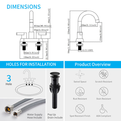 PK012-YH-US | Bathroom Faucet 2 Handle Centerset Bathroom Sink Faucet with Pop Up Drain Assembly, 4 Inches Bathroom Vanity Lavatory Faucet 3 Holes Matte Black