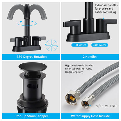 PK012-YH-US | Bathroom Faucet 2 Handle Centerset Bathroom Sink Faucet with Pop Up Drain Assembly, 4 Inches Bathroom Vanity Lavatory Faucet 3 Holes Matte Black