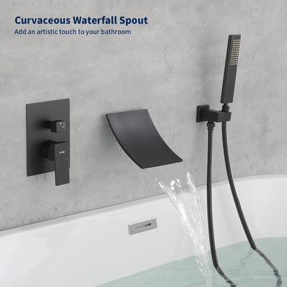 WC004B2S-W - Male NPT Waterfall Shower head with Handheld, Matte Black Bathtub Shower Faucet with High Flow Wall Mount Tub Faucet, Single Handle Bathroom Tub Mixer Tap Hand Shower System with Curved Spout Commercial