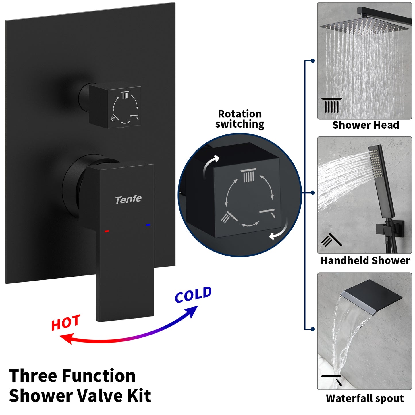 SCH002B312S-W - Male NPT Matte Black Shower System, 12 Inch Shower Fixtures Rain Shower Head with Handheld Shower Spray, Wall Mount Shower Faucet Set for Bathroom(Pressure Balance Shower Trim Valve Kit Included)