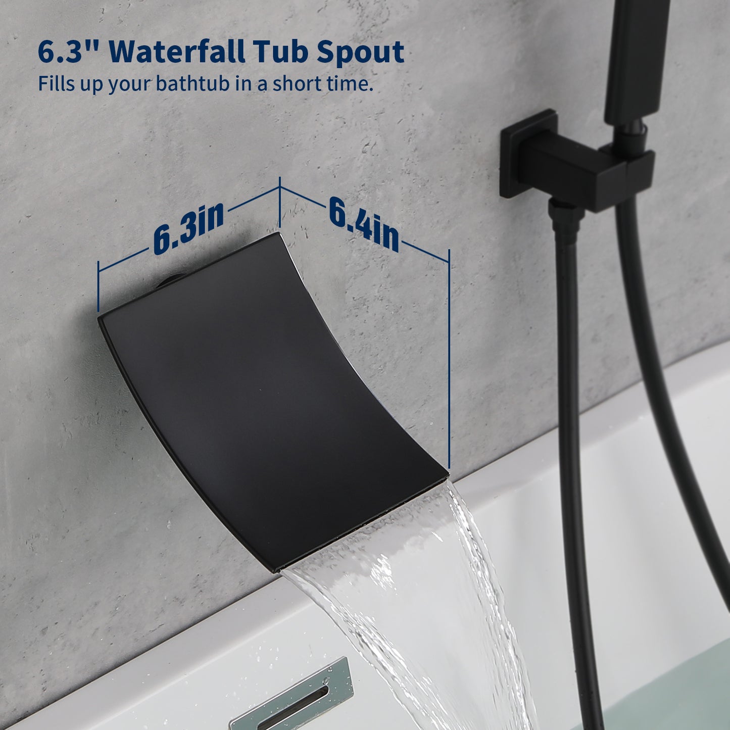 WC004B2S-W - Male NPT Waterfall Shower head with Handheld, Matte Black Bathtub Shower Faucet with High Flow Wall Mount Tub Faucet, Single Handle Bathroom Tub Mixer Tap Hand Shower System with Curved Spout Commercial