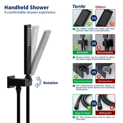 WC004B2S-W - Male NPT Waterfall Shower head with Handheld, Matte Black Bathtub Shower Faucet with High Flow Wall Mount Tub Faucet, Single Handle Bathroom Tub Mixer Tap Hand Shower System with Curved Spout Commercial