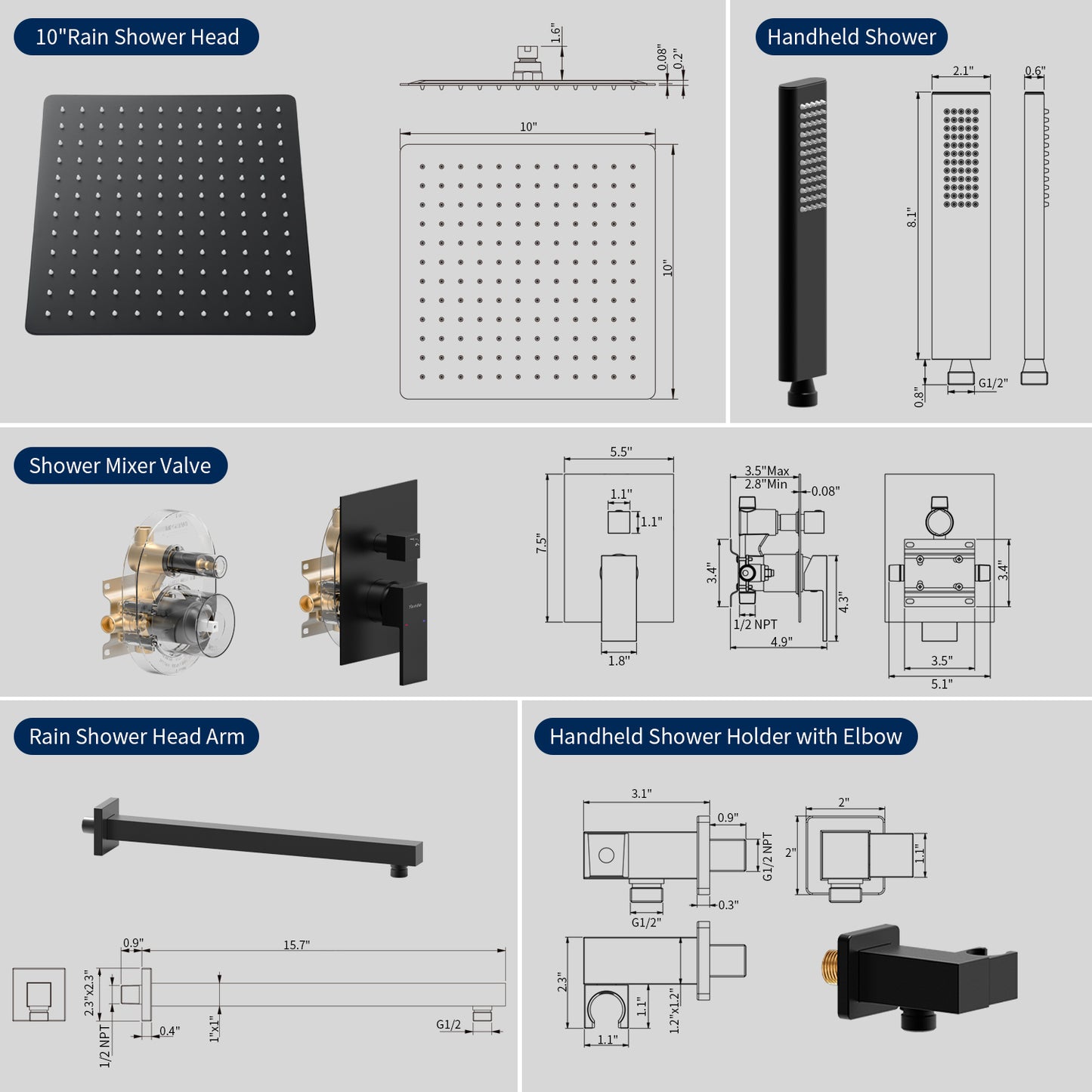 SCH001B210S-W-FBA -  Male NPT Matte Black Shower System, Shower Faucet Set for Bathroom Shower Fixtures with 10 Inch Rain Shower Head and Handheld (Pressure Balance Shower Trim Valve Kit Included)