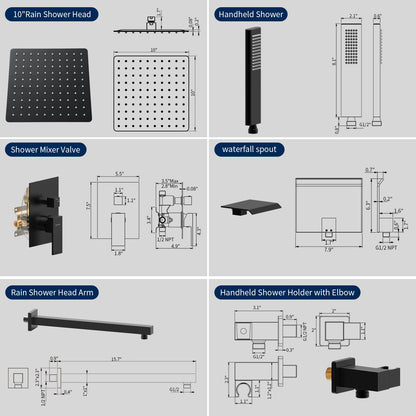 SCH002B310S-W - Male NPT Shower Faucet Set, Waterfall Shower System for Bathroom, High Pressure 10" Rain Shower Head and Handheld Shower Spray, Wall Mount Tub Faucet Shower Valve with Trim and Diverter, Matte Black