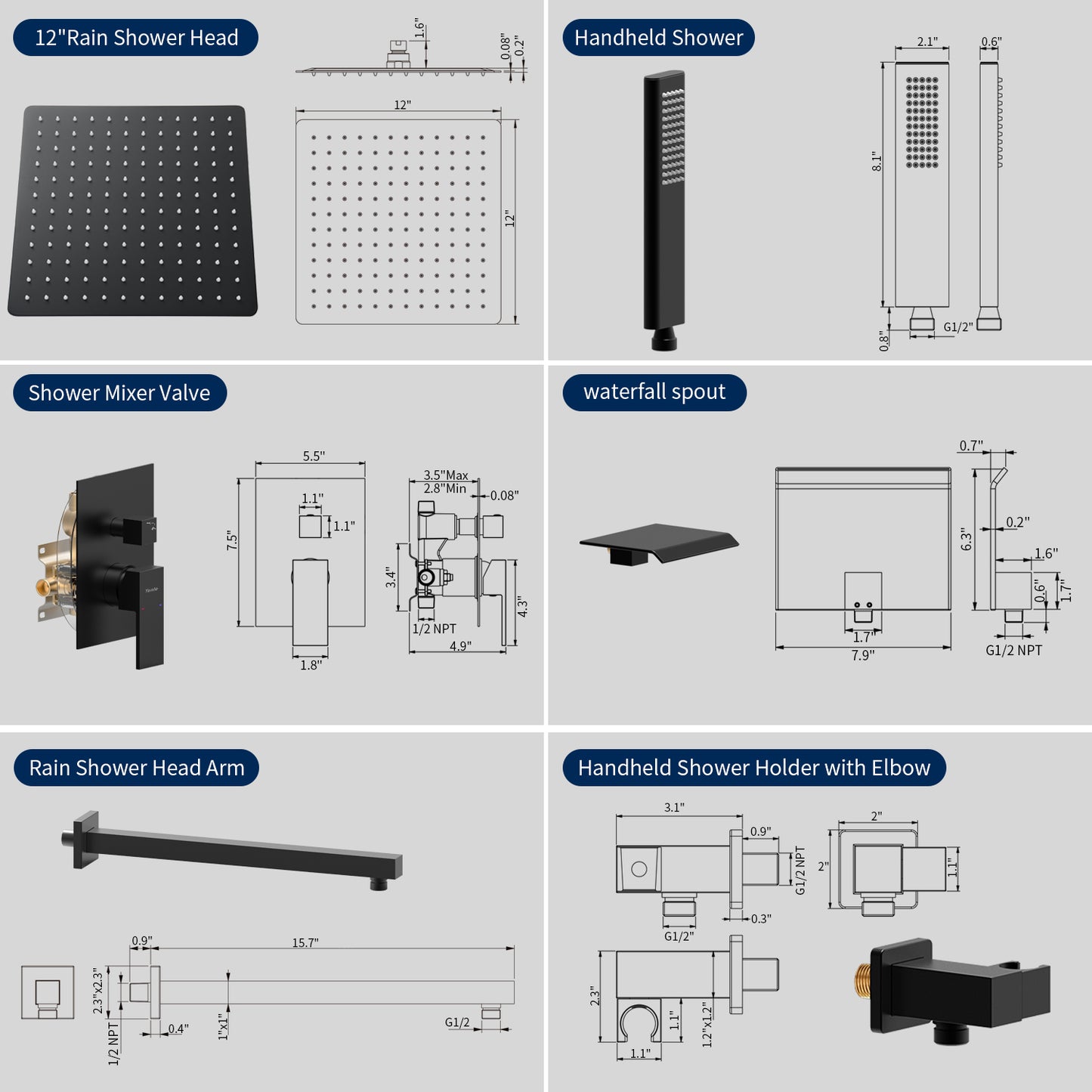 SCH002B312S-W - Male NPT Matte Black Shower System, 12 Inch Shower Fixtures Rain Shower Head with Handheld Shower Spray, Wall Mount Shower Faucet Set for Bathroom(Pressure Balance Shower Trim Valve Kit Included)