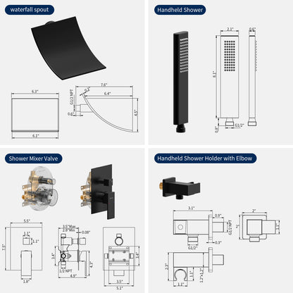 WC004B2S-W - Male NPT Waterfall Shower head with Handheld, Matte Black Bathtub Shower Faucet with High Flow Wall Mount Tub Faucet, Single Handle Bathroom Tub Mixer Tap Hand Shower System with Curved Spout Commercial