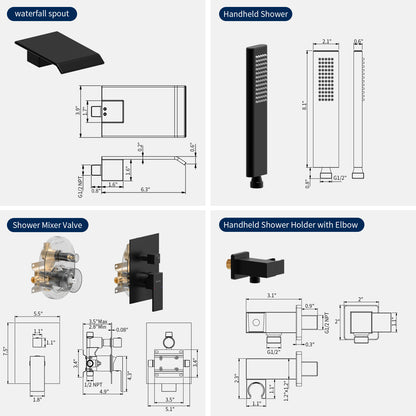 WC003B2S-W | Male NPT Tub Faucet with Hand Shower, Matte Black Waterfall Bathtub Shower Faucet Set, Wall Mount Tub Shower System with Solid Brass Rough-in Valve Shower Trim Kit