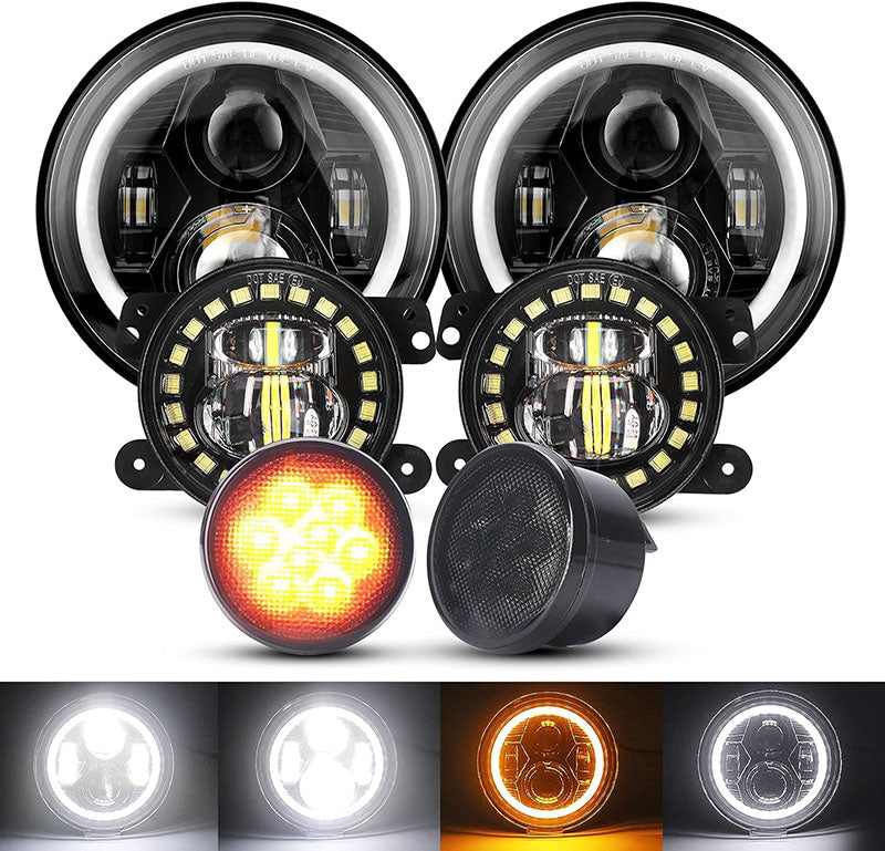 7-inch spider headlights - black with aperture - 4-inch clock fog lights - black mesh lights - set of six