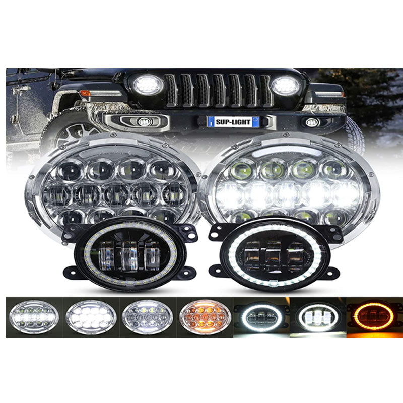 7-Inch 105W Round Light XBD Silver-4-Inch White-Yellow Fog Light XBD Black- 4PCS in Set