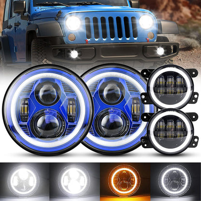 7-Inch Spider Headlights -Black With Halo – 4-Inch Fog Lights Black – With Halo – 4PCS in Set