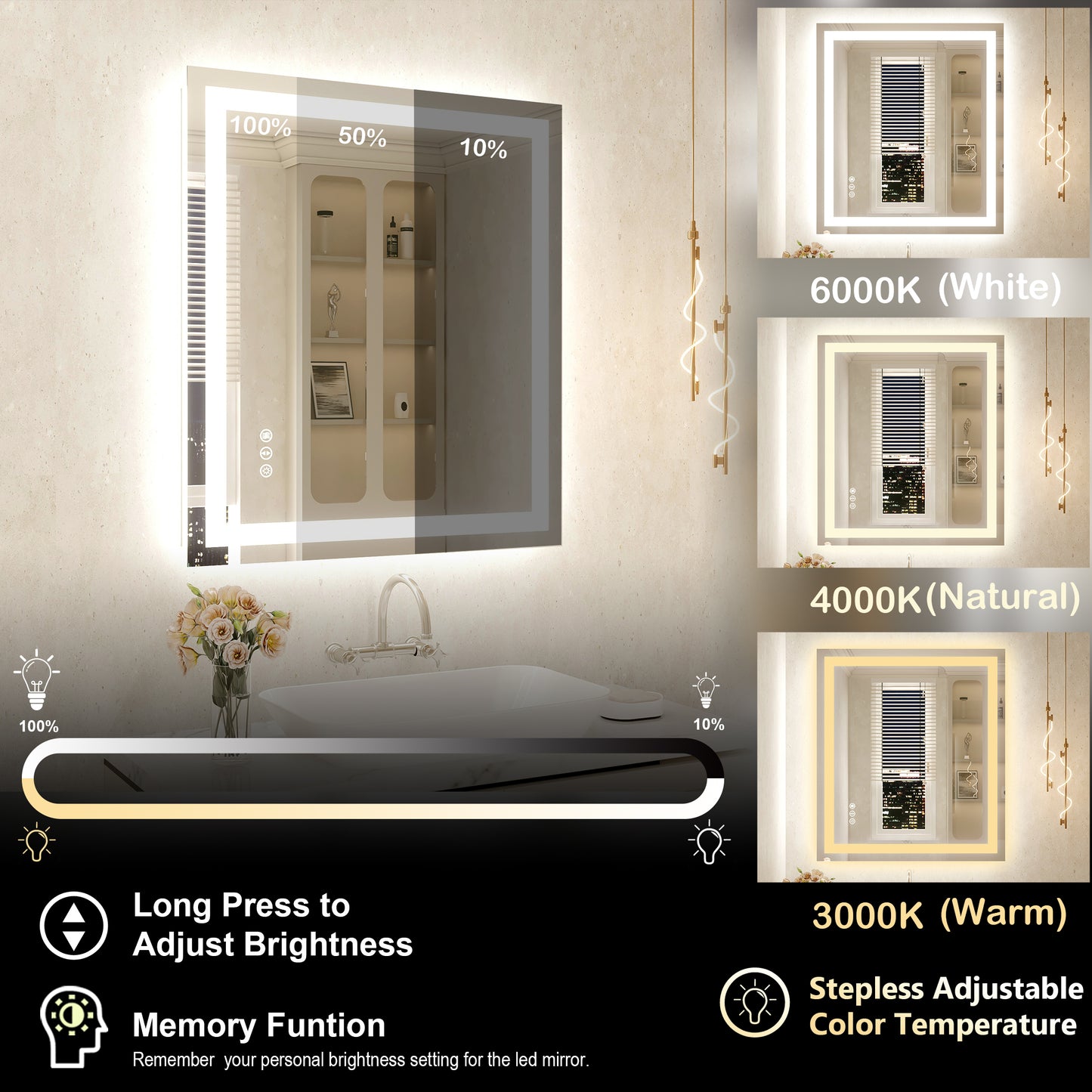 32" x 36" Tempered Glass Frameless LED Bathroom Mirror with Front and Backlight, Stepless Dimmable Wall Mirrors with Anti-Fog, 3 Colors, LED Vanity Mirror(Horizontal/Vertical)