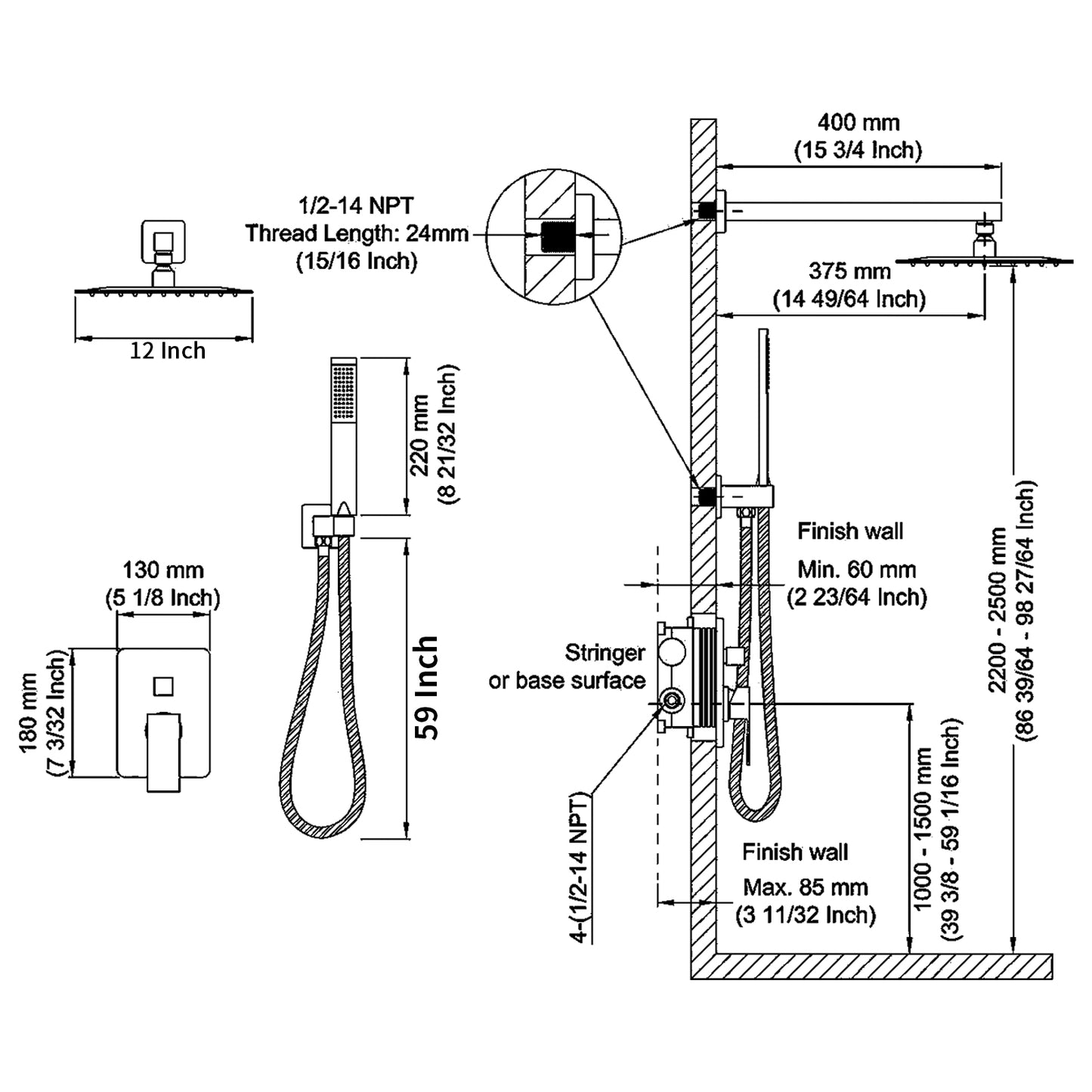 L-8003S - Shower System Shower Faucet Combo Set Wall Mounted with 12" Rainfall Shower Head and handheld shower faucet, Chrome Finish with Brass Valve Rough-In