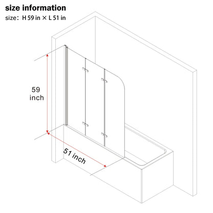 51" W x 59" H Three Plates Folding Tub Door Bathtub Screen with Clear Glass