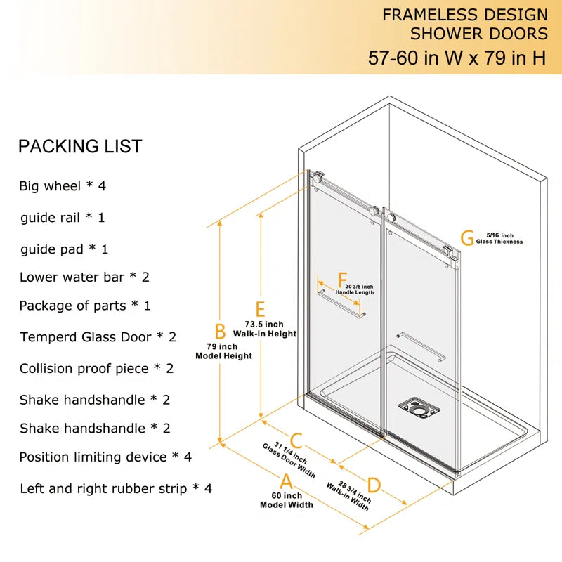 73" W x 79" H  Frameless Shower Door with Advanced Closing System