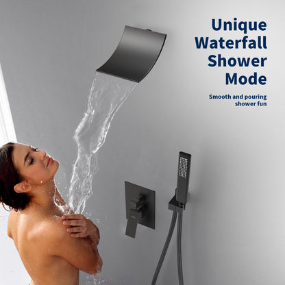 WC004B2S-W - Male NPT Waterfall Shower head with Handheld, Matte Black Bathtub Shower Faucet with High Flow Wall Mount Tub Faucet, Single Handle Bathroom Tub Mixer Tap Hand Shower System with Curved Spout Commercial