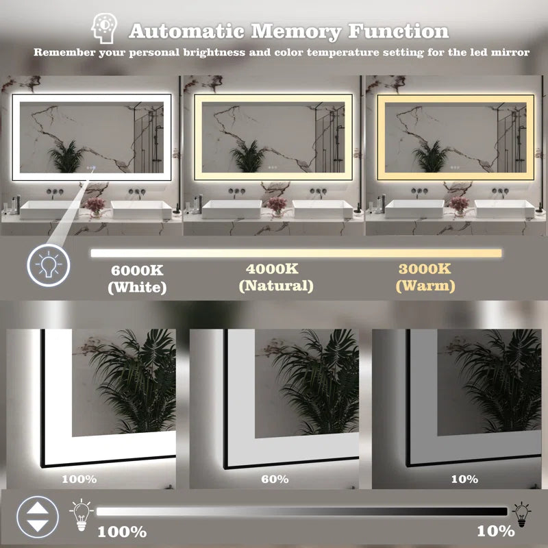 55" X 30" Tempered Glass Frameless LED Bathroom Mirror with Front and Backlight, Stepless Dimmable Wall Mirrors with Anti-Fog, 3 Colors, LED Vanity Mirror(Horizontal/Vertical)