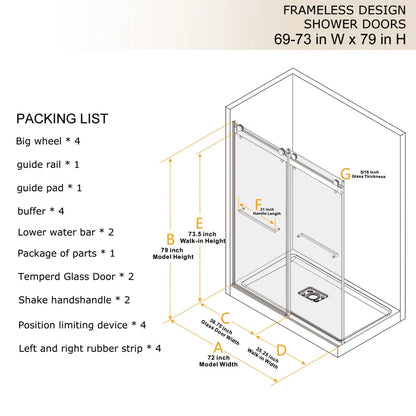 73" W x 79" H Double Sliding Door Shower Door With Closing System