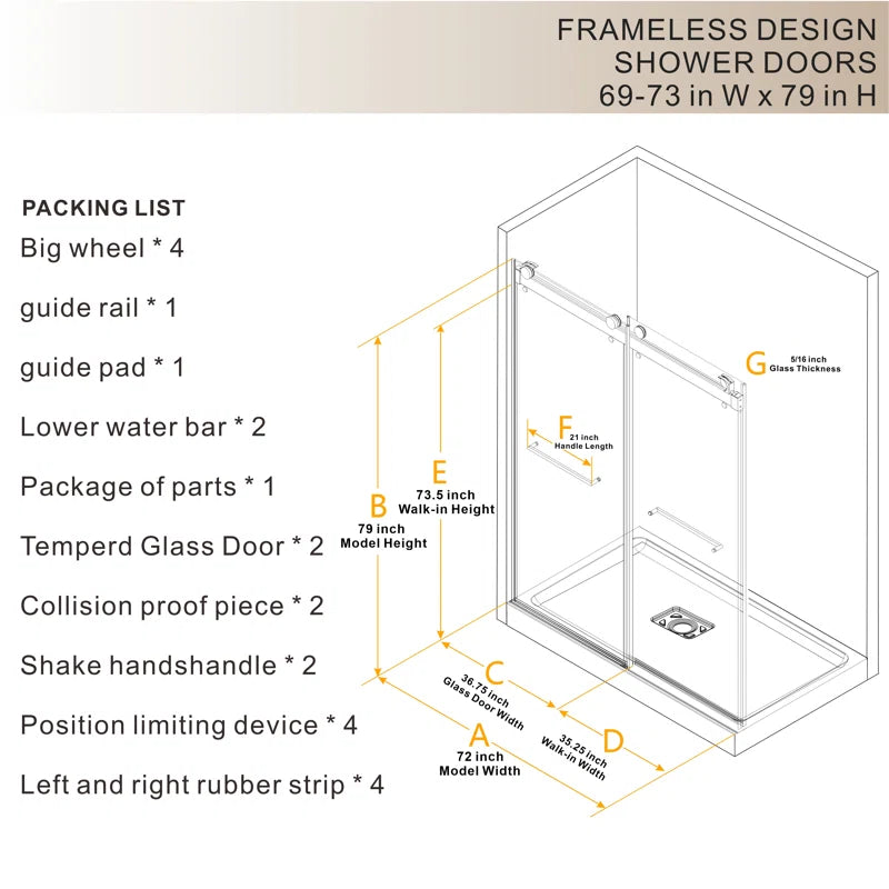 73" W x 79" H  Double Sliding Door Shower Door With Closing System