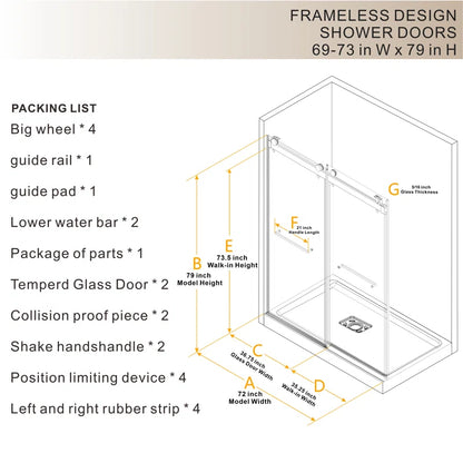 73" W x 79" H  Double Sliding Door Shower Door With Closing System