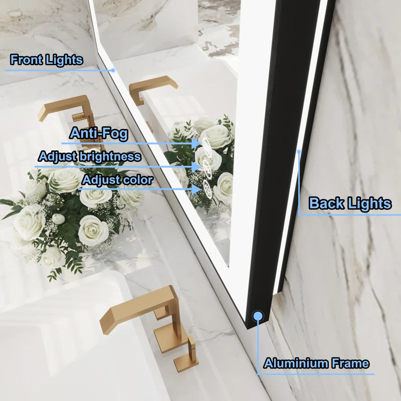 60" X 28" Detjon Black Framed Anti-Fog LED Lighted Dimmable Wall Mounted Bathroom Vanity Mirror