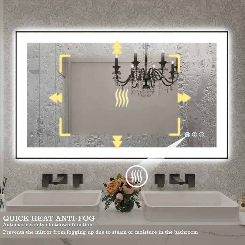 40" X 24" Detjon Black Framed Anti-Fog LED Lighted Dimmable Wall Mounted Bathroom Vanity Mirror