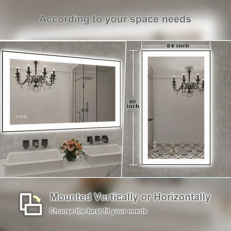 40" X 24" Detjon Black Framed Anti-Fog LED Lighted Dimmable Wall Mounted Bathroom Vanity Mirror