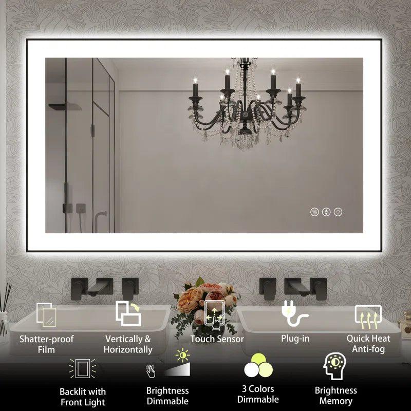 40" X 24" Detjon Black Framed Anti-Fog LED Lighted Dimmable Wall Mounted Bathroom Vanity Mirror