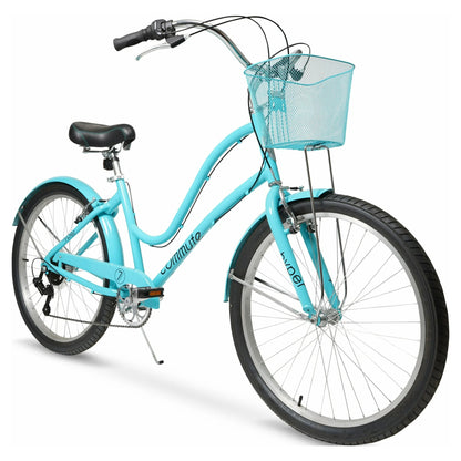 Refurbish Hyper Bicycles 26" Commute Bike with Basket, Adults 13+ Years, Neon Teal