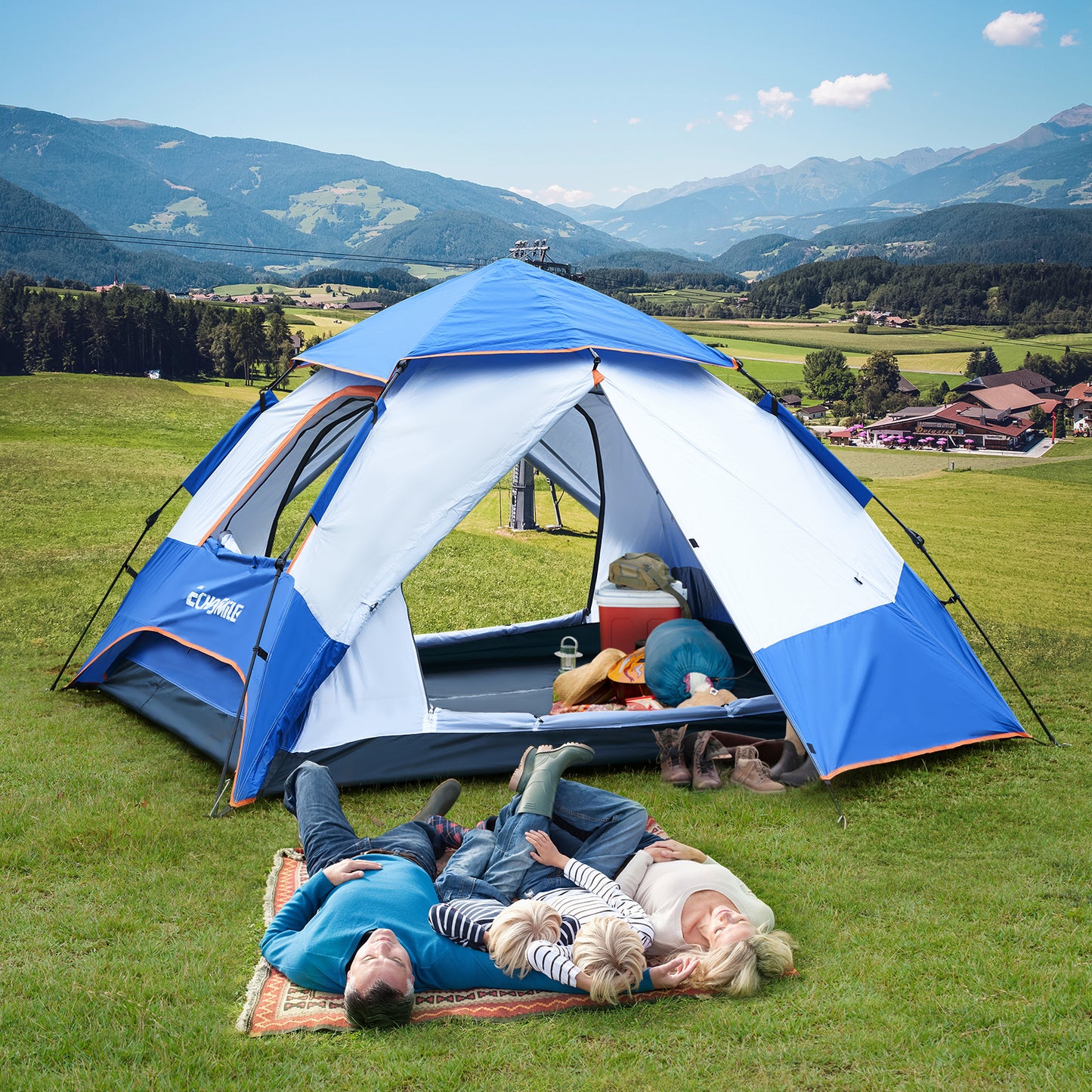 4-Person White + Blue Double Layer Umbrella Tent