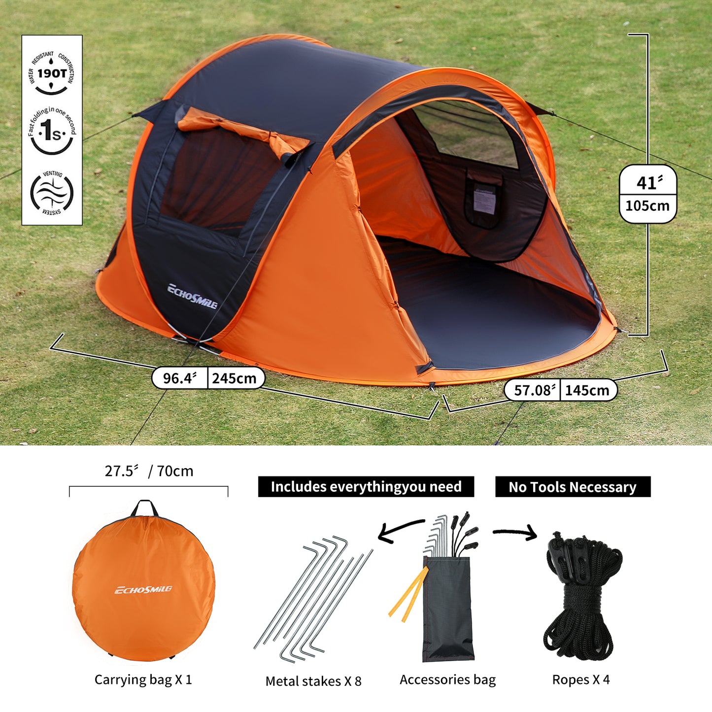 2 Person Black + Orange Pop Up Camping Tent