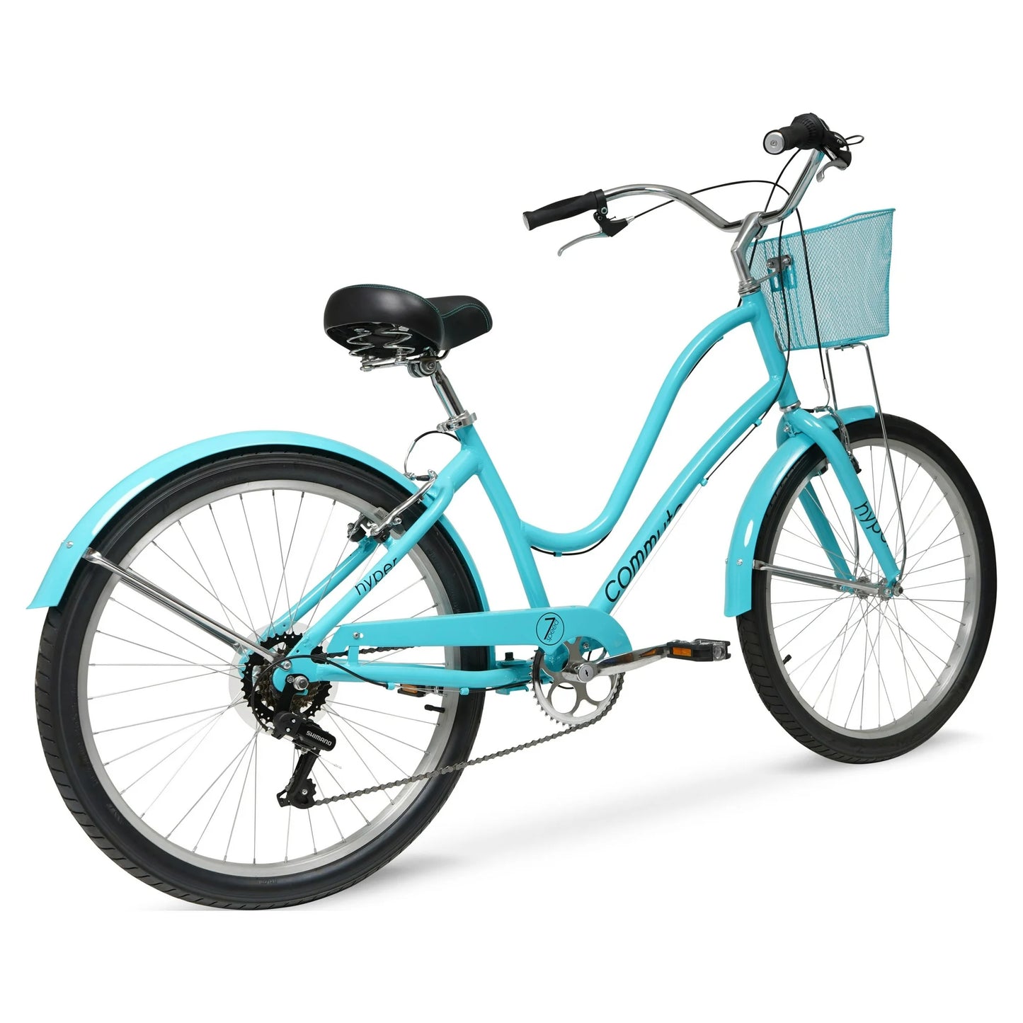 Refurbish Hyper Bicycles 26" Commute Bike with Basket, Adults 13+ Years, Neon Teal