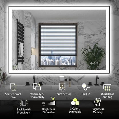 48" X 32"  Detjon Black Framed Anti-Fog LED Lighted Dimmable Wall Mounted Bathroom Vanity Mirror